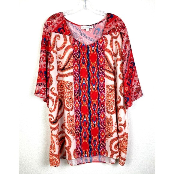 Suzanne Betro Weekend Tunic Top Size 2X Orange Blue Paisley Flutter Sleeve Artsy - Picture 1 of 5